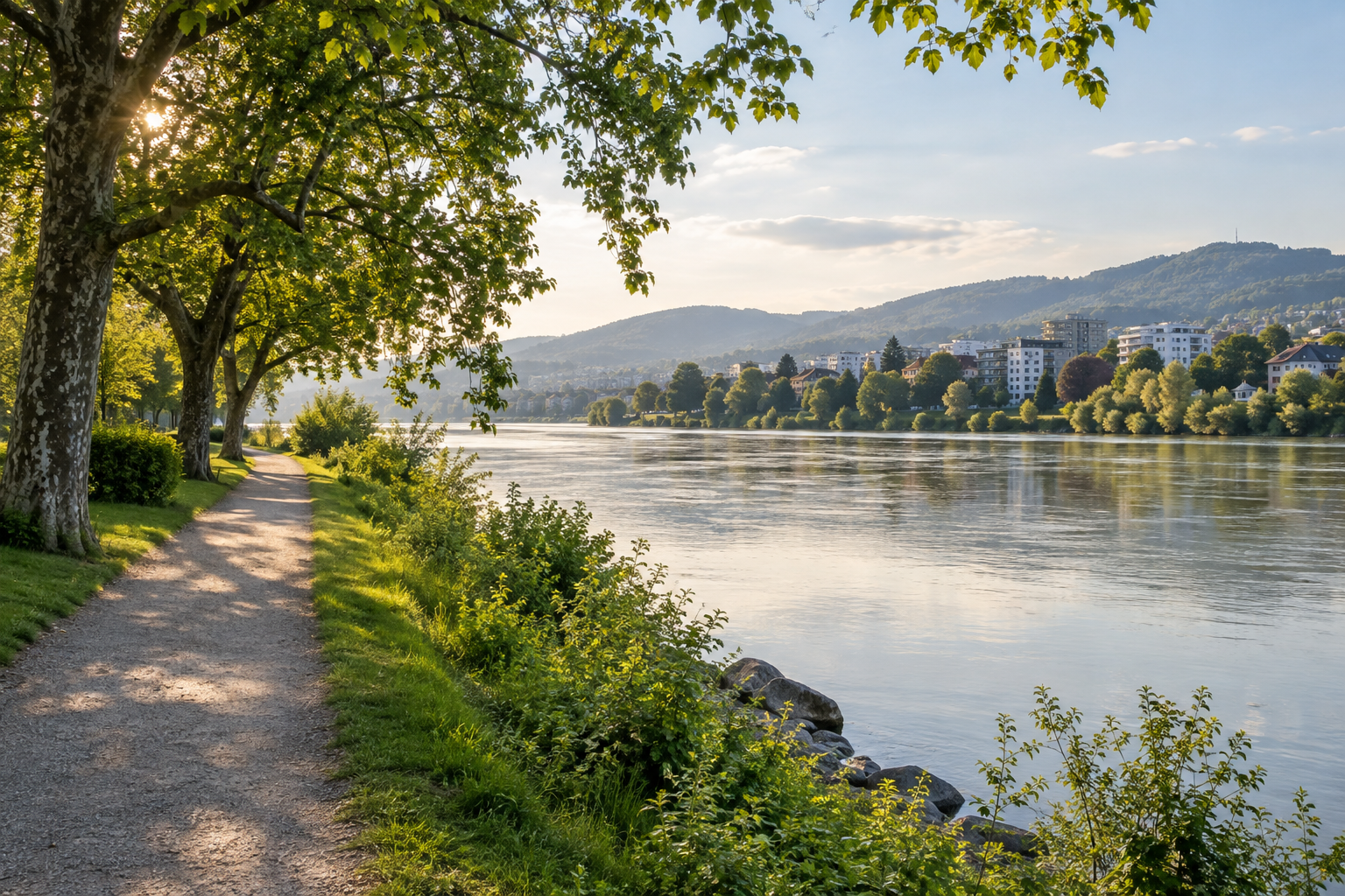 Begrünter Weg an einem Fluss als Symbol für das Wohnen nahe der Donau